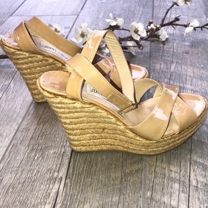 Jimmy Choo Phoenix Patent Nude Espadrille Wedge Sandals size 8